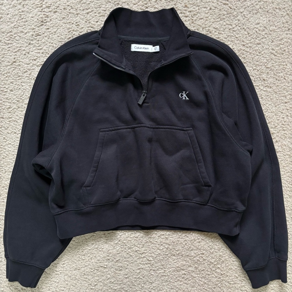 Calvin Klein Quarter-Zip Fleece Sweatshirt Black cK Logo Pullover